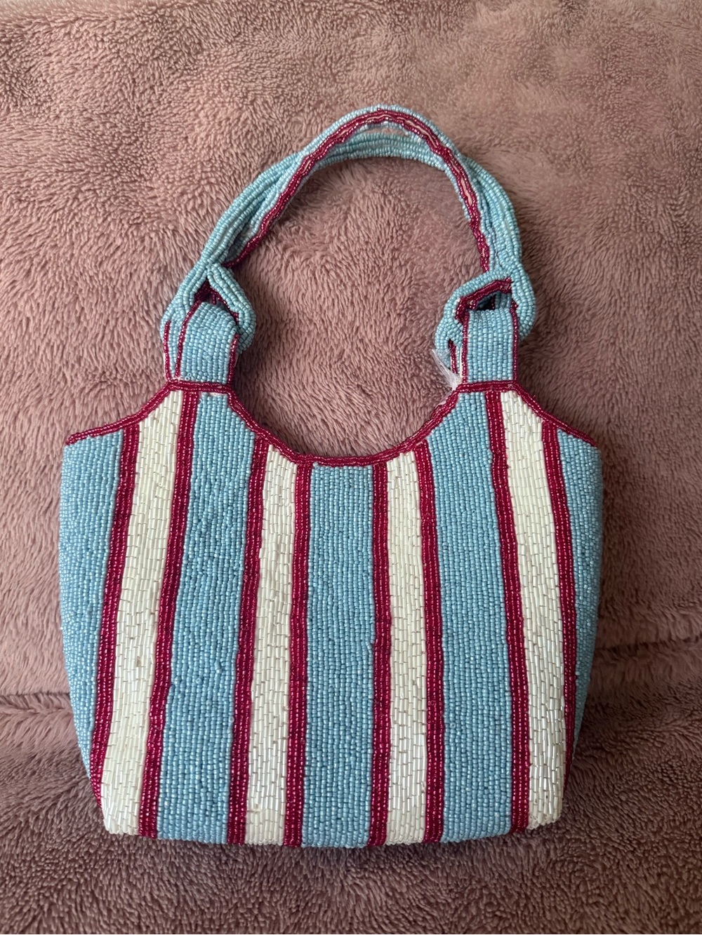 NWT Viral Striped Blue, White & Pink Beaded Tote Shoulder Bag - Picture 3 of 12